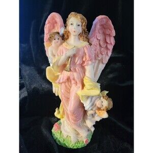 Beautiful Seraphim Angel Holding 2 Cherubs & a Trumpet